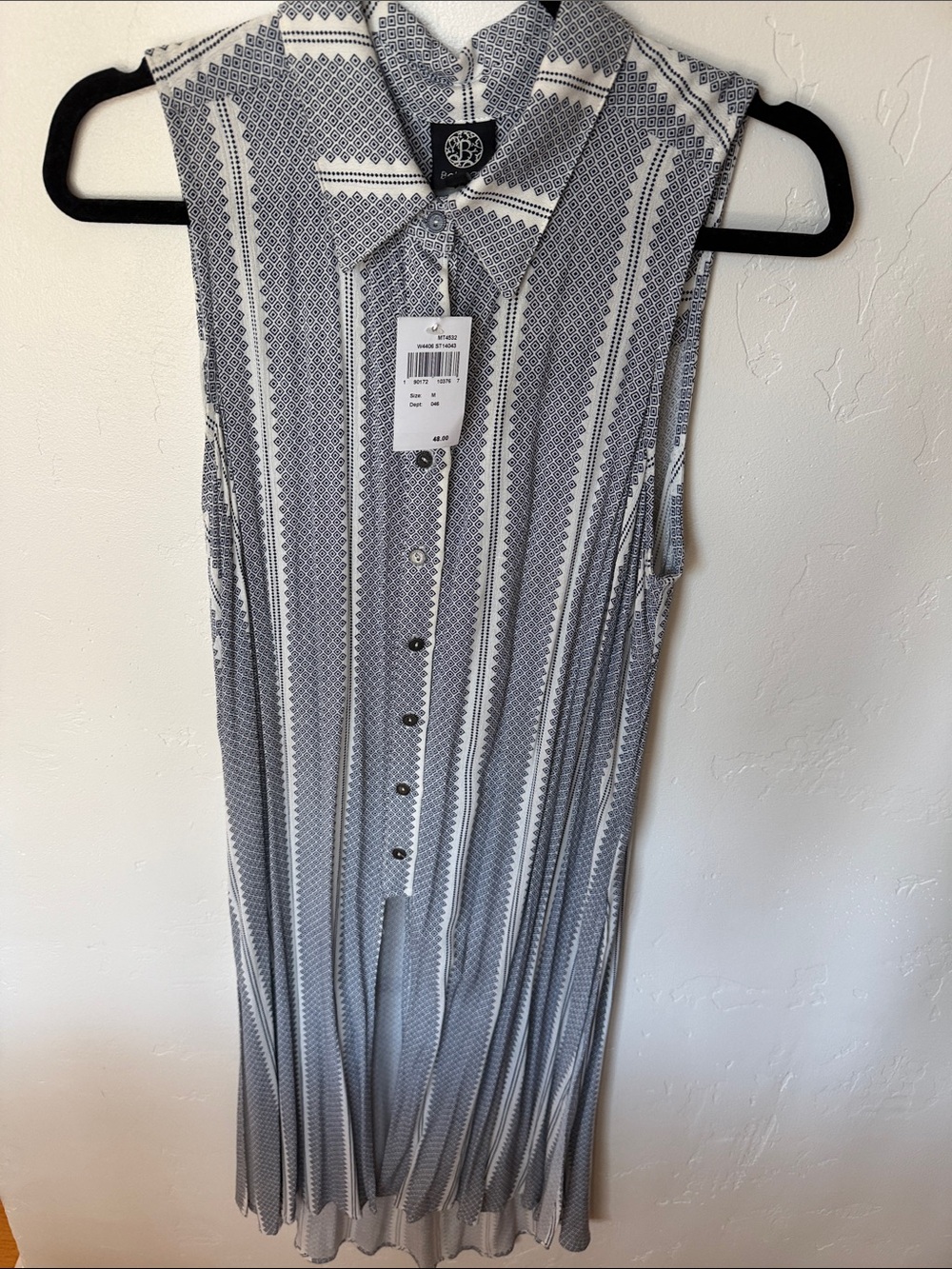 BCBGMaxAzria Gray & White Sleeveless Patterned Maxi Shirt Dress NWT